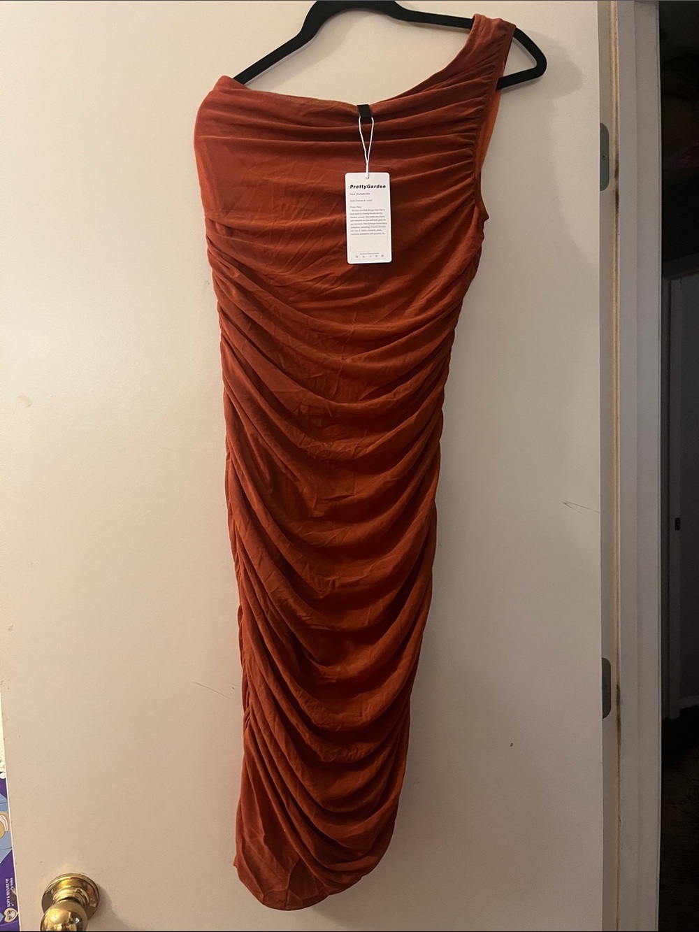 One-Shoulder Ruched Bodycon Dress in Rust - Picture 4 of 4